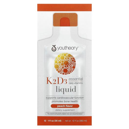 Основне фото товара Youtheory, K2D3 On Th Go, Вітаміни D3 K2, 12 Packets 30 ml Each