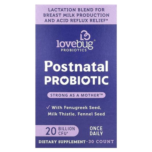 Основне фото товара LoveBug, Postnatal Probiotic 20 Billion CFU, Пробіотики, 30 Count
