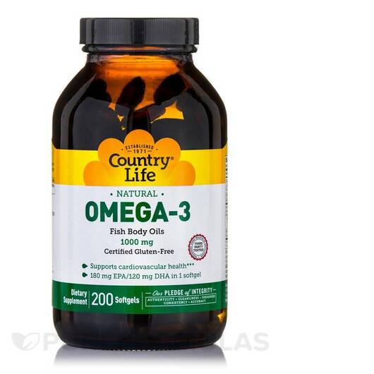 Основне фото товара Country Life, Omega-3 1000 mg Fish Oil, Омега ЕПК ДГК, 200 капсул
