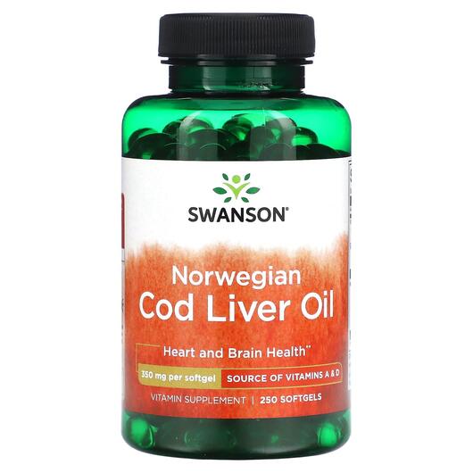Основне фото товара Norwegian Cod Liver Oil 350 mg, Олія печінки тріски, 250 капсул