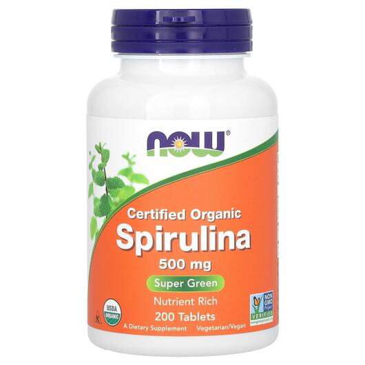 Основне фото товара NOW, Spirulina 500 mg, Cпіруліна 500 мг, 200 таблеток
