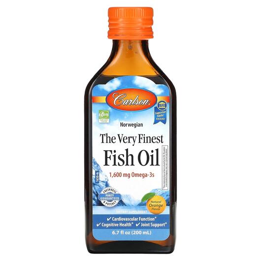 Основне фото товара Carlson, The Very Finest Fish Oil Natural Orange, Омега 3, 200 мл