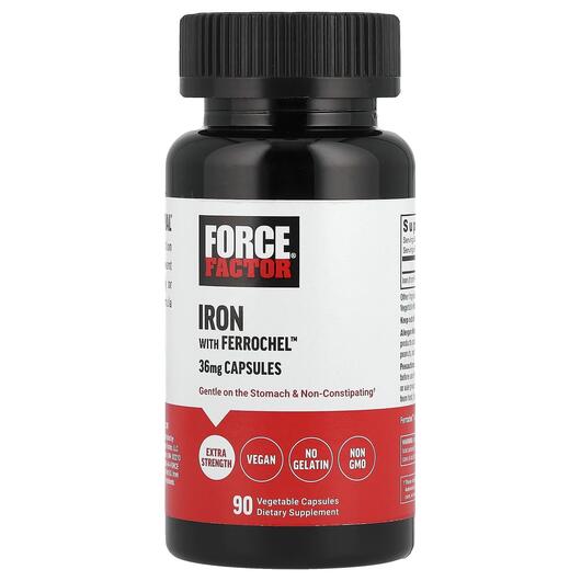 Основне фото товара Force Factor, Iron with Ferrochel 36 mg, Залізо, 90 капсул