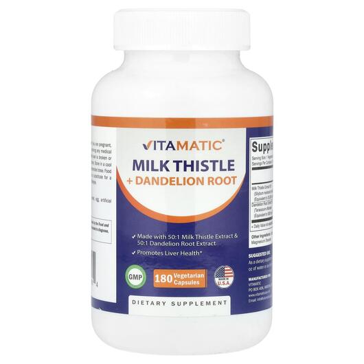 Основне фото товара Vitamatic, Milk Thistle + Dandelion Root, Розторопша, 180 капсул