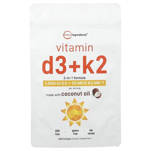 Основне фото товара Micro Ingredients, Vitamin D3 + K2, Вітаміни D3 K2, 240 капсул