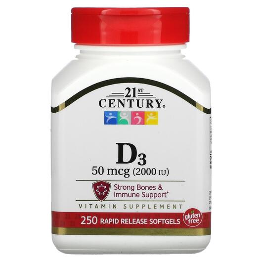 Основне фото товара 21st Century, Vitamin D3 50 mcg, Вітамін D3 2000 МО, 250 капсул
