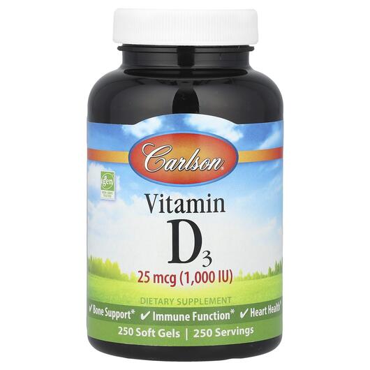 Основне фото товара Vitamin D3 25 mcg 1000 IU, Вітамін D3 25 мкг 1000 МЕ, 250 капсул