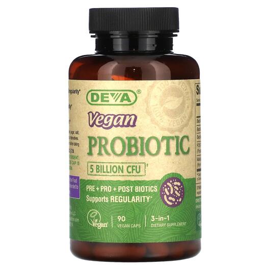Основне фото товара Deva, 3-in-1 Vegan Probiotic 5 Billion CFU, Пробіотики, 90 капсул
