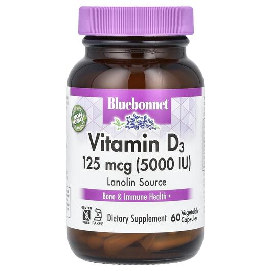 Основне фото товара Bluebonnet Nutrition, Vitamin D3 5000 IU, Витамин D3, 60 капсул