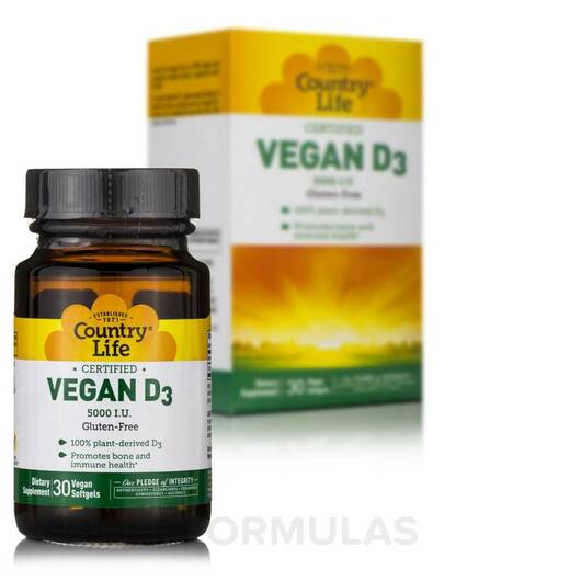 Основне фото товара Country Life, Vegan D3, Вітамін D3 Холекальциферол, 30 капсул
