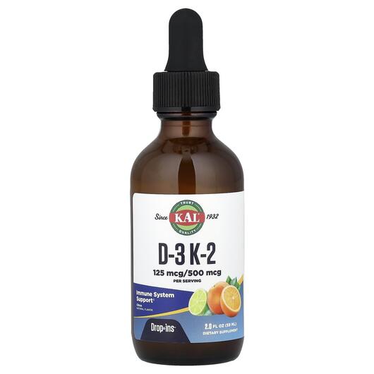 Основне фото товара KAL, D-3 K-2 Drops, Вітаміни D3 та K2, 59 мл
