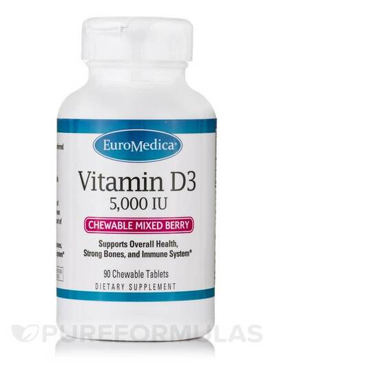 Основне фото товара Vitamin D3 5000 IU Chewable, Вітамін D3 Холекальциферол, 90 табле