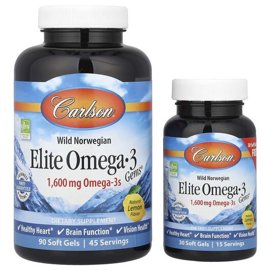 Основне фото товара Carlson, Wild Caught Elite Omega-3 Gems, Омега 3, 90 + 30 капсул