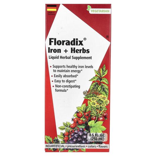 Основне фото товара Gaia Herbs, Floradix Iron + Herbs, Залізо, 250 мл