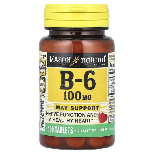 Основне фото товара Mason, Vitamin B6 100 mg, Вітамін B6 Піридоксин, 100 таблеток