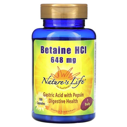 Основне фото товара Natures Life, Betaine Hcl 648 mg, Бетаїн Гідрохлорид, 100 капсул