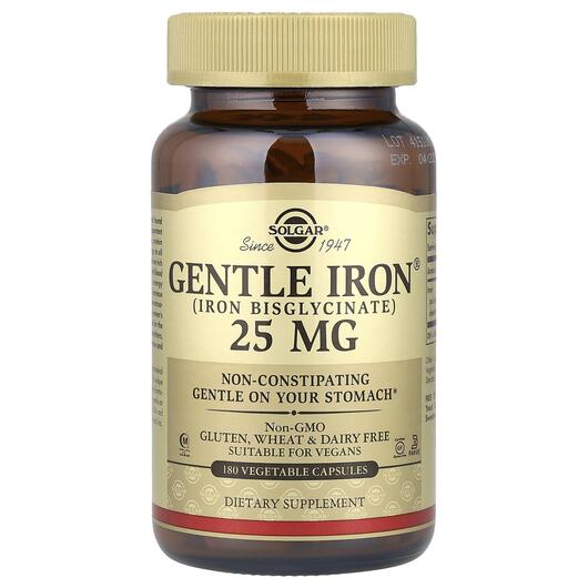 Основне фото товара Solgar, Gentle Iron 25 mg, М'яке Залізо 25 мг, 180 капсул