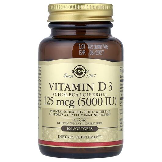 Основне фото товара Solgar, Vitamin D3 125 mcg 5000 IU, Вітамін D3, 100 капсул