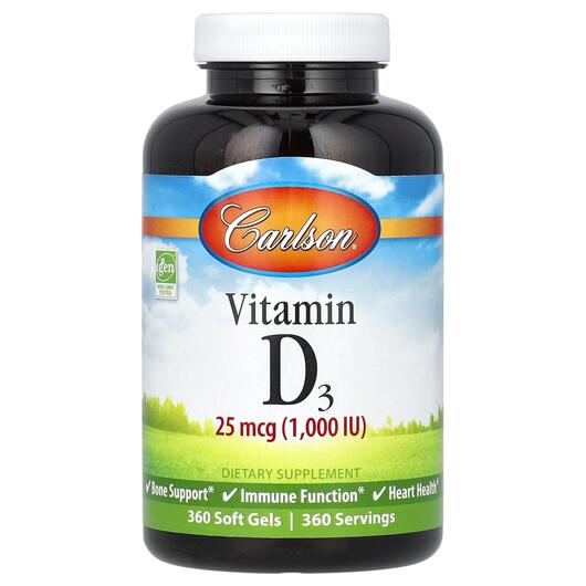 Основне фото товара Carlson, Vitamin D3 25 mcg 1000 IU, Вітамін D3, 360 капсул