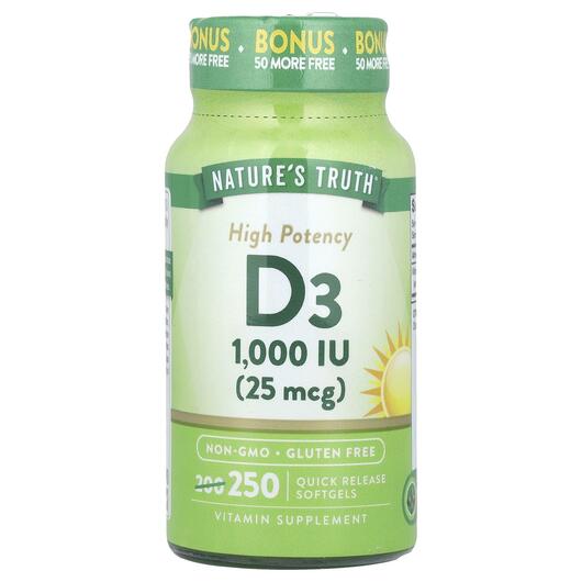 Основне фото товара Nature's Truth, Vitamin D3 1000 IU, Вітамін D3, 250 капсул