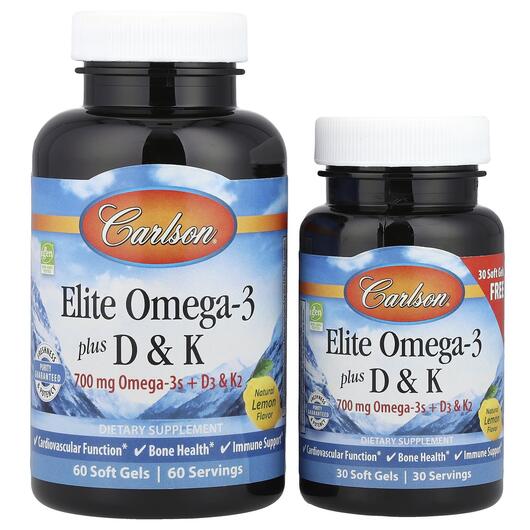 Основне фото товара Carlson, Elite Omega-3 Plus D & K 60+, Омега 3, 30 м'яки