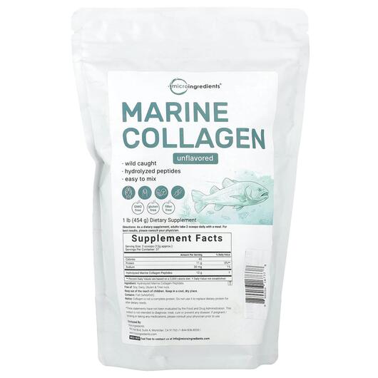 Основне фото товара Micro Ingredients, Marine Collagen Unflavored, Колаген, 454 г