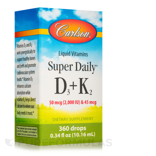 Основне фото товара Carlson, Super Daily D3 + K2, Вітаміни D3 K2, 10.16 мл