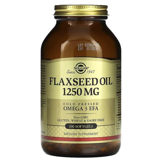 Основне фото товара Solgar, Flaxseed Oil 1250 mg, Лляна олія, 100 капсул