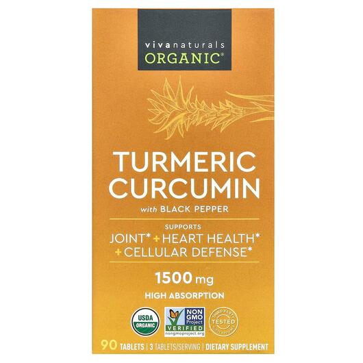 Основне фото товара Viva Naturals, Organic Turmeric Curcumin, Куркумін, 90 таблеток