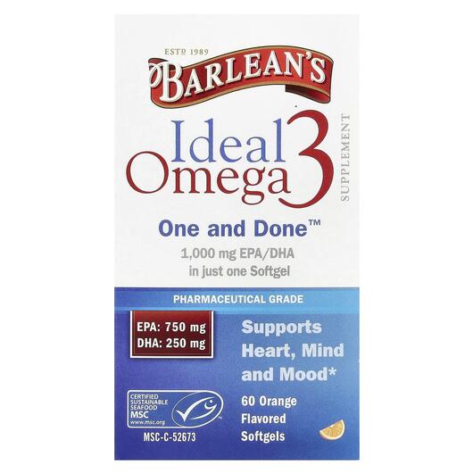 Основне фото товара Barlean's, Ideal Omega 3 Orange 1000 mg, Омега-3, 60 капсул