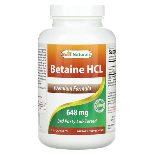 Основне фото товара Best Naturals, Betaine HCL 648 mg, Бетаїн Гідрохлорид, 250 капсул