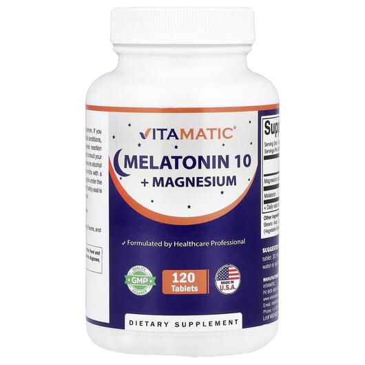 Основне фото товара Vitamatic, Melatonin 10 + Magnesium, Мелатонін, 120 таблеток