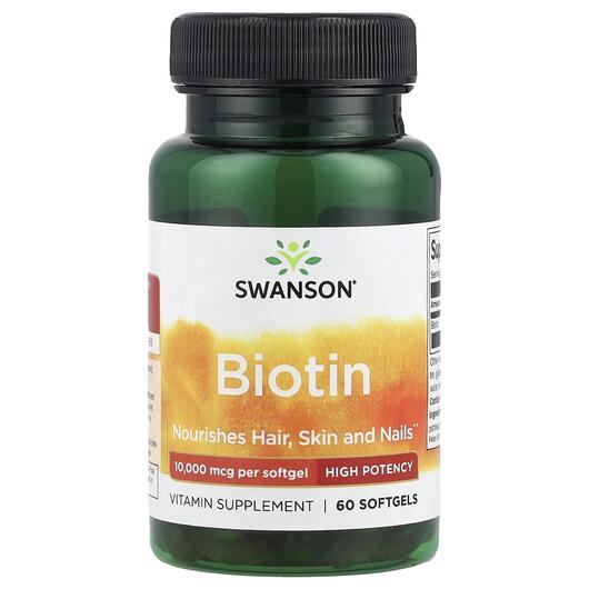 Основне фото товара Swanson, Biotin 10000 mcg, Вітамін B7 Біотин, 60 капсул