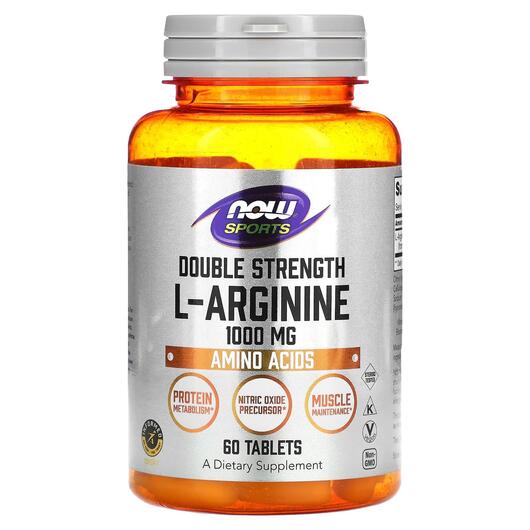 Основне фото товара NOW, Double Strength L-Arginine 1000 mg, L-Аргінін, 60 таблеток