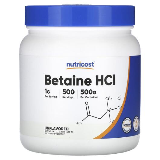 Основне фото товара Nutricost, Betaine HCL Unflavored, Бетаїн Гідрохлорид, 507 г