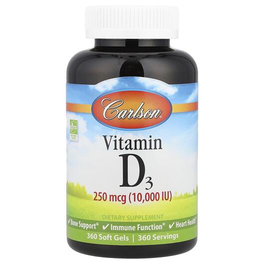 Основне фото товара Carlson, Vitamin D3 10000 IU 250 mcg, Вітамін D3, 360 капсул