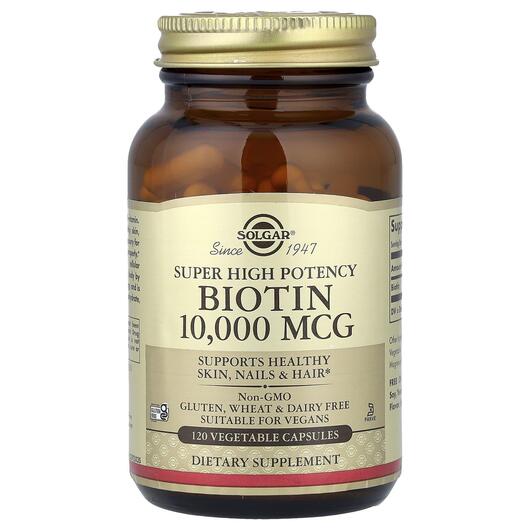 Основне фото товара Solgar, Biotin Super High Potency, Біотин 10000 мкг, 120 капсул