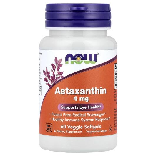 Основне фото товара NOW, Astaxanthin 4 mg, Астаксантин 4 мг, 60 капсул