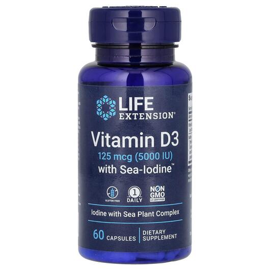 Основне фото товара Vitamin D3 with Sea-Iodine, Вітамін D3 та Йод, 60 капсул