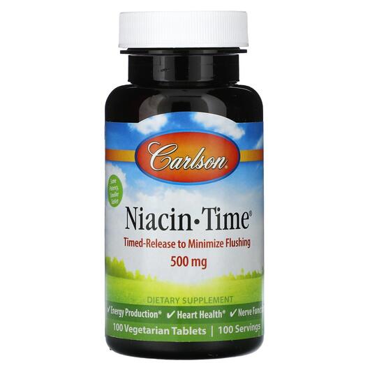 Основне фото товара Carlson, Niacin-Time 500 mg, Вітамін B3 Ніацин, 100 таблеток