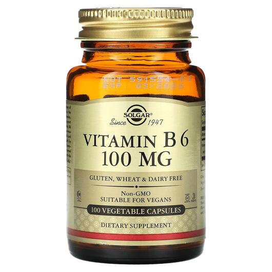 Основне фото товара Solgar, Vitamin B6 100 mg, Вітамін B6 Піридоксин, 100 капсул