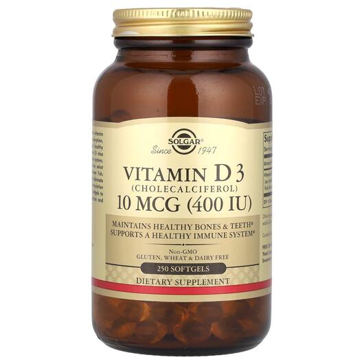Основне фото товара Solgar, Vitamin D3 400 IU, Вітамін D3 400 МО, 250 капсул