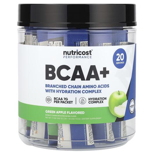 Основне фото товара Nutricost, Performance BCAA+ Green Apple, БЦАА, 20 шт