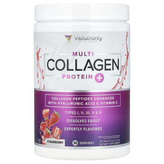 Основне фото товара Vitauthority, Multi Collagen Protein+ Strawberry, Колаген, 279 г