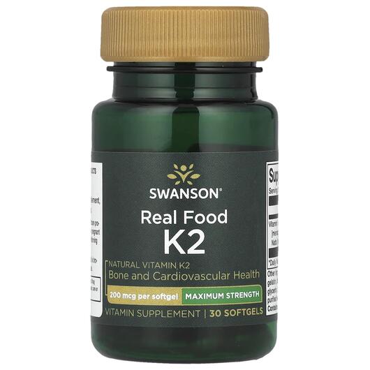 Основне фото товара Swanson, Real Food K2 200 mcg, Вітамін K2 MK-7, 30 капсул