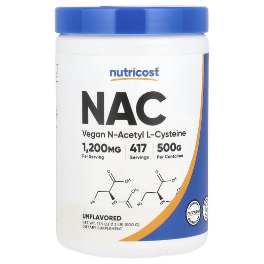 Основне фото товара Nutricost, NAC Unflavored, N-ацетилцистеїн, 500 г