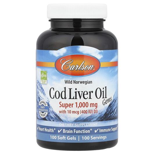 Основне фото товара Cod Liver Oil Gems Super 1000 mg, Олія печінки тріски, 100 капсул