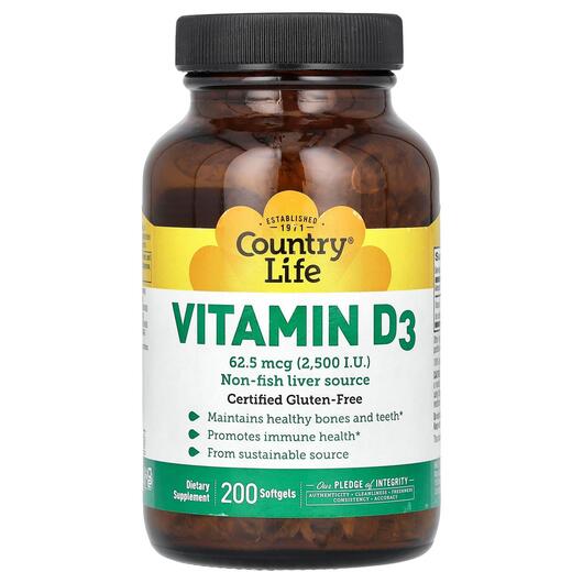 Основне фото товара Country Life, Vitamin D3, Вітамін D3 2500 МЕ, 200 капсул