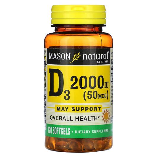 Основне фото товара Mason, D3 50 mcg 2000 IU, Вітамін D3 Холекальциферол, 120 капсул