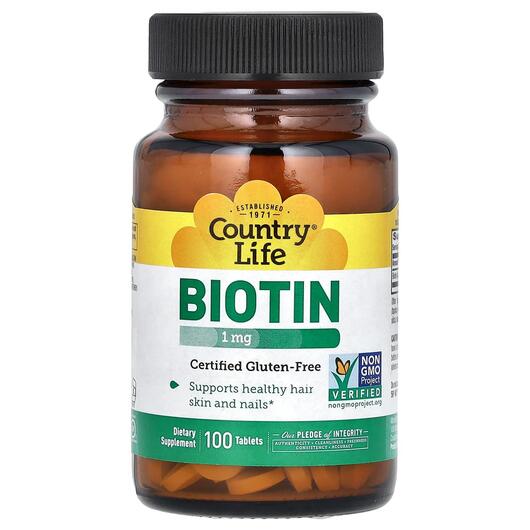 Основне фото товара Country Life, Biotin 1000 mcg, Вітамін B7 Біотин, 100 таблеток